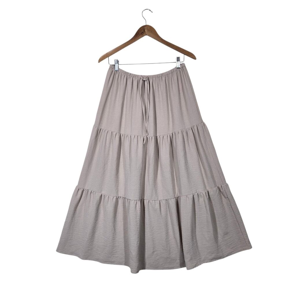 Adrianna Papell Tiered Midi Maxi Skirt M Beige Drawstring Boho Cottagecore